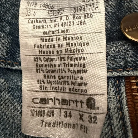 Carhartt Traditional Fit Jeans 34x32 Mens Light Wash Workwear Denim - Picture 3 of 3